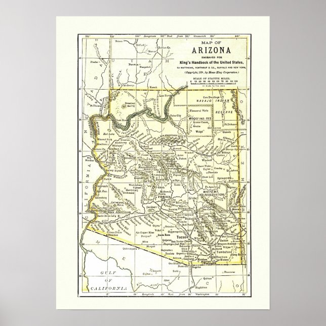 Poster Mapa de arizonas 1891 Cidades, Caminhos de ferro e (Frente)