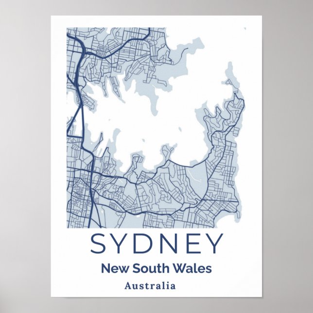 Poster Mapa de Arte de Muro da Cinza Azul Sydney (Frente)