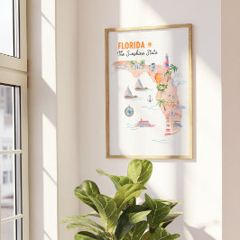 Poster Mapa de Arte do Estado da Flórida em Aquarela