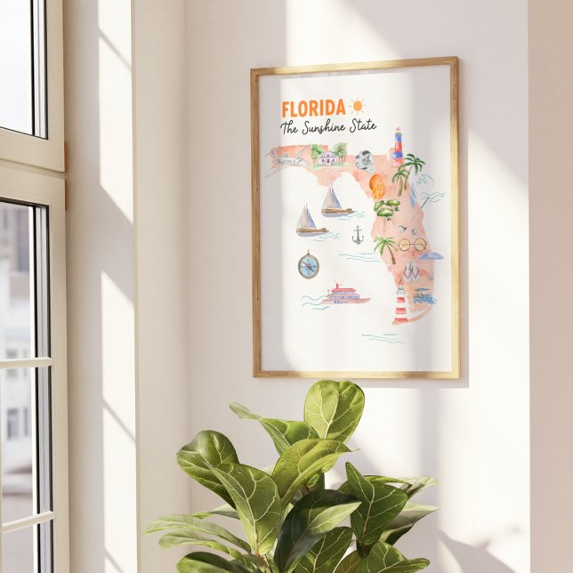Poster Mapa de Arte do Estado da Flórida em Aquarela (In situ Beside the window)