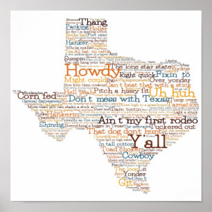 Poster Mapa de Artes do Word para Slang do Texas USA