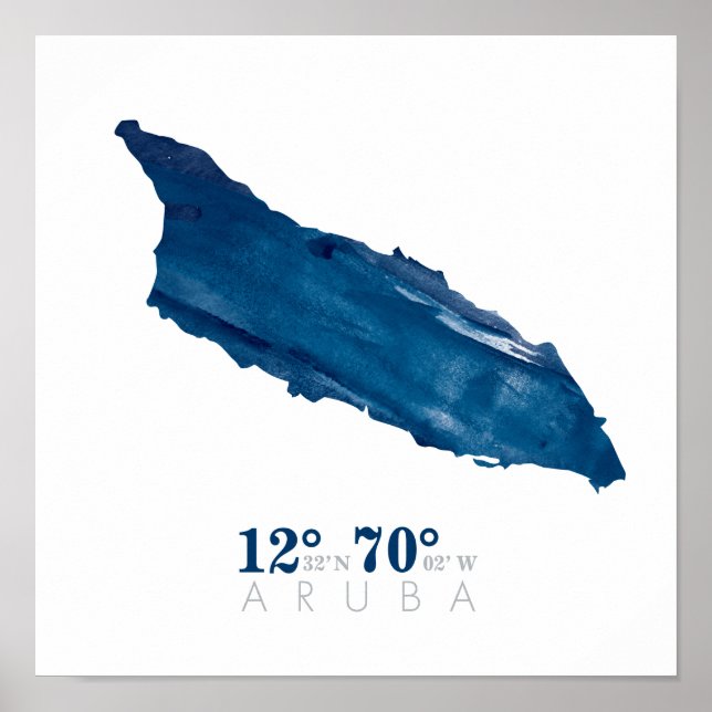 Póster Mapa de Aruba Aquarela Azul Coordenadas (Frente)