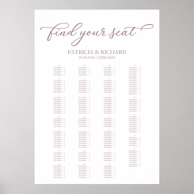 Poster Mapa de Assentos Alfabetico Rose Gold Script (Frente)