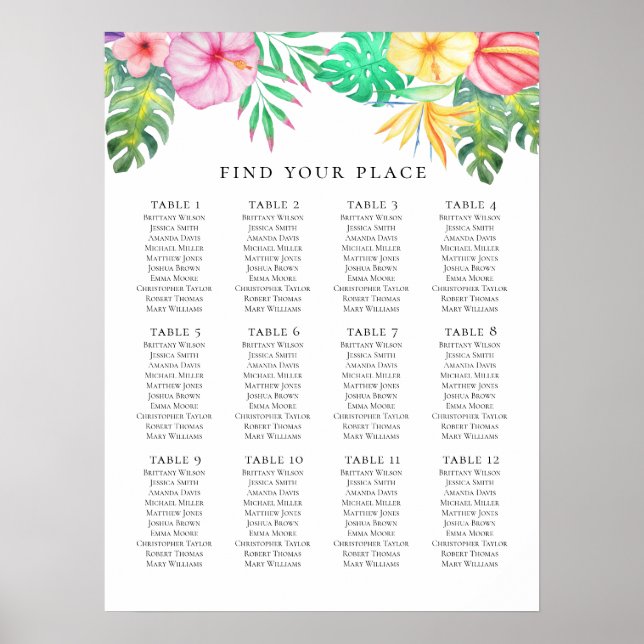 Poster Mapa de assentos tropical. Casamento exótico de ve (Frente)