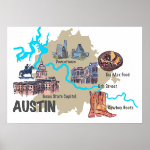Póster Mapa de Austin Texas