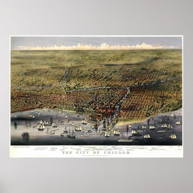 Póster Mapa de aves de Chicago - 1874 (Parsons & Atwater) (Frente)