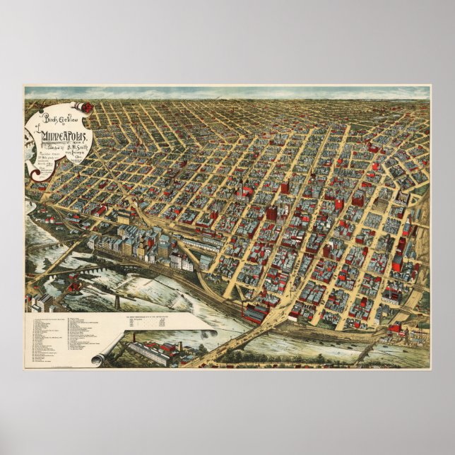 Póster Mapa de aves de Minneapolis - 1891 (Smith) BigMapB (Frente)