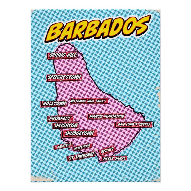Póster Mapa de Barbados Ilustrado de pop Art (Frente)