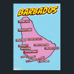 Poster Mapa de Barbados Ilustrado de pop Art<br><div class="desc">Um mapa do estilo pop de Barbados com um fundo azul brilhante e um padrão pontilhado.</div>