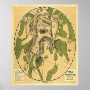 Póster Mapa de batalha 1863 de Gettysburg - guerra civil