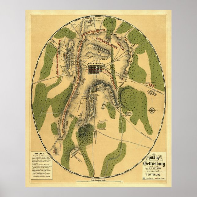 Póster Mapa de Batalha de Gettysburg 1863 - Guerra Civil (Frente)