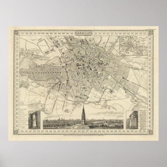 Poster Mapa de Berlim 1850, Ilustração Histórica da Cidad (Frente)