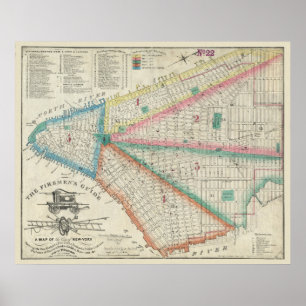 Poster Mapa de bombeiros da NYC em 1834 - Vintage FDNY Po