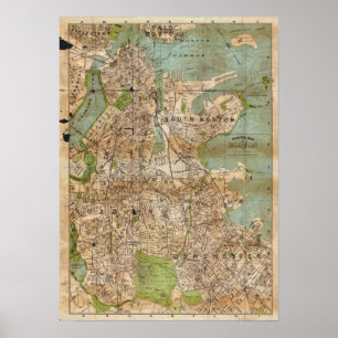 Poster Mapa de Boston da Cidade de Vintage, Massachusetts