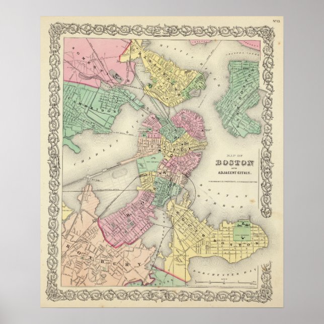 Póster Mapa De Boston E Cidades Adjacentes (Frente)