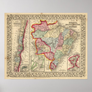 Poster Mapa de Brasil, Bolívia, Paraguai, Uruguai por