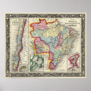 Poster Mapa de Brasil, de Bolívia, de Paraguai, e de