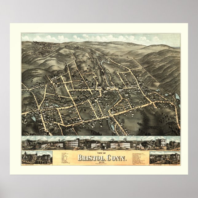 Póster Mapa de Bristol, Connecticut, de 1878 (Frente)