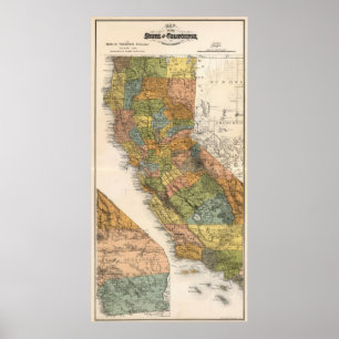 Póster Mapa de Califórnia que mostra distritos e estrada
