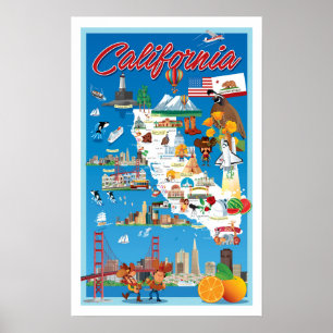Poster Mapa de Cartoons da Califórnia