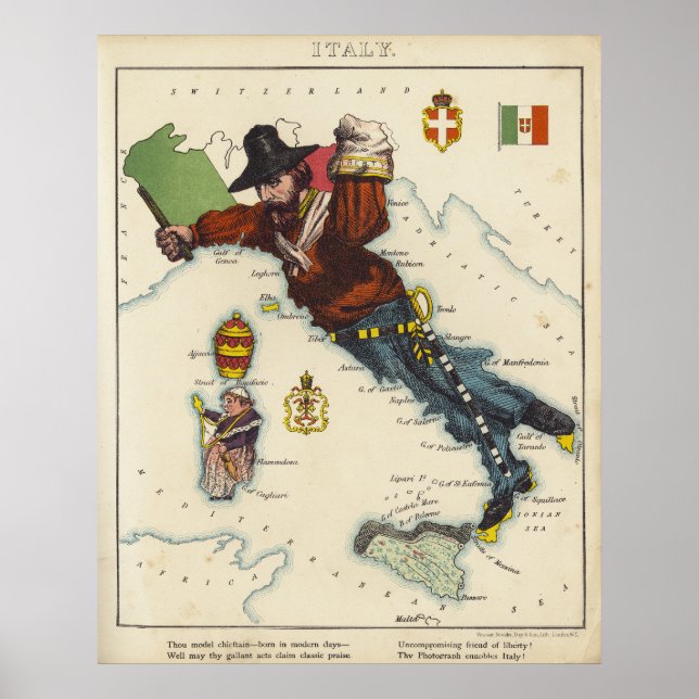 Poster Mapa de cartoons da Itália (1868) (Frente)