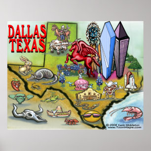 Póster Mapa de Cartoons Dallas TEXAS