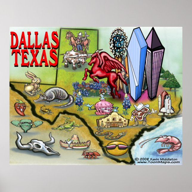 Póster Mapa de Cartoons Dallas TEXAS (Frente)