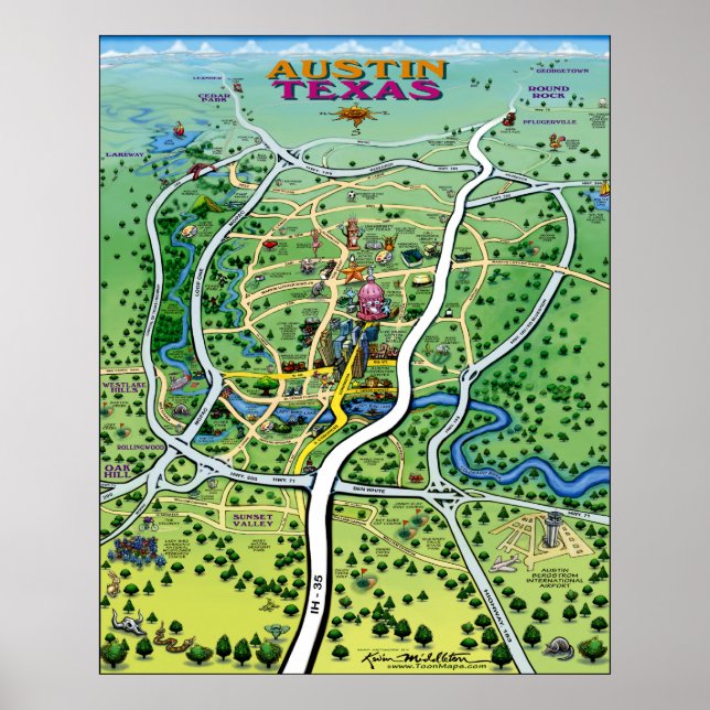 Póster Mapa de Cartoons de Austin Texas (Frente)