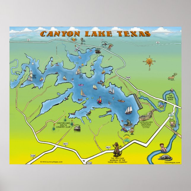 Póster Mapa de Cartoons do Lago Canyon Texas (Frente)
