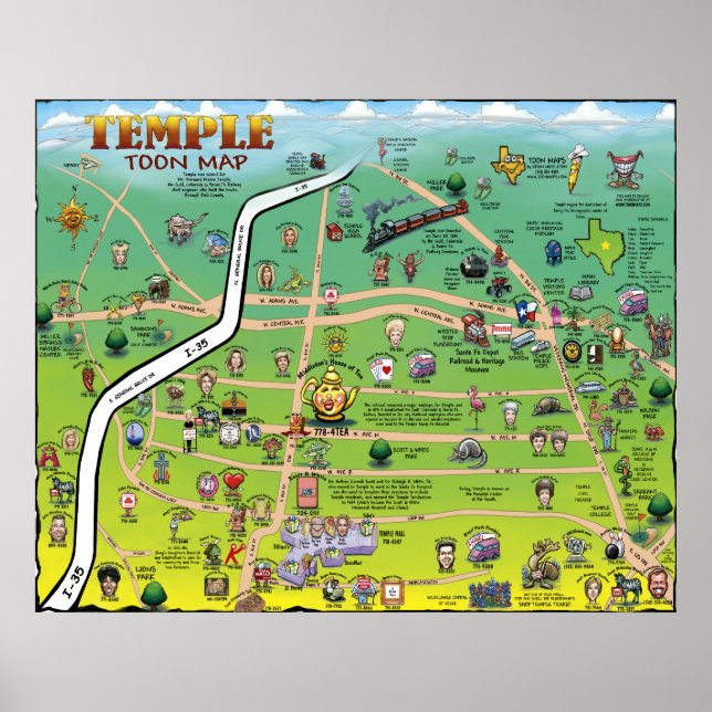Poster Mapa de Cartoons do Temple Texas (Frente)
