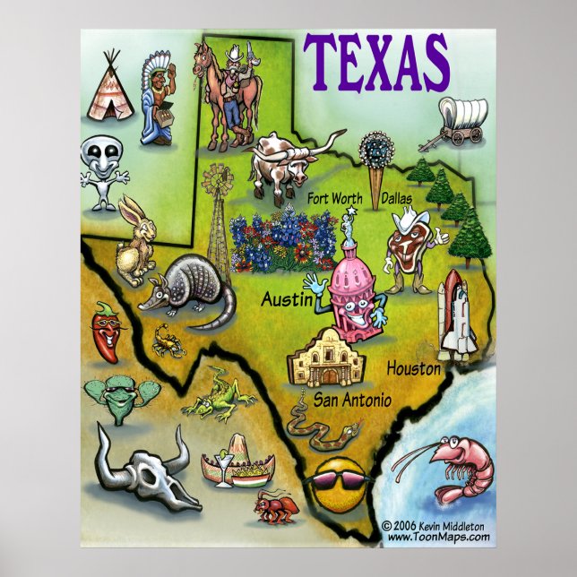 Poster Mapa de Cartoons do Texas (Frente)