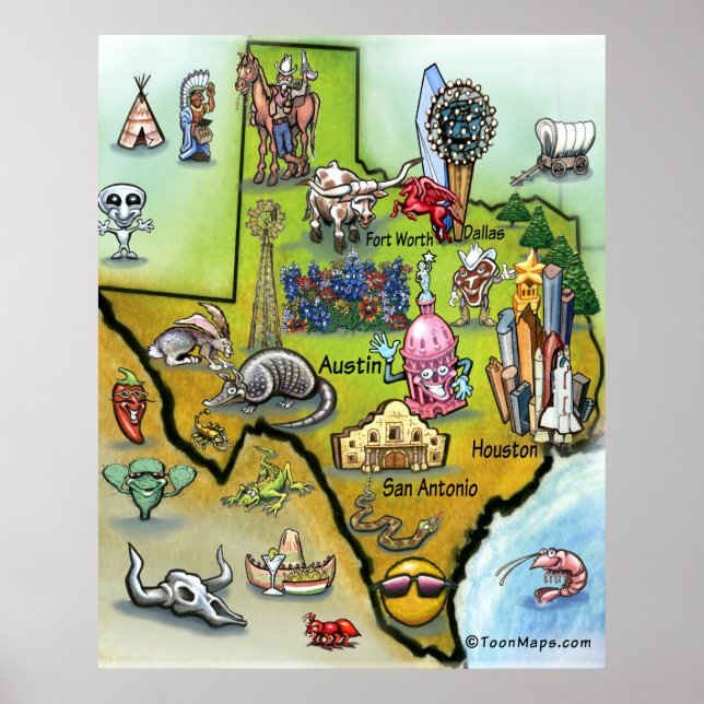 Póster Mapa de Cartoons do Texas (Frente)