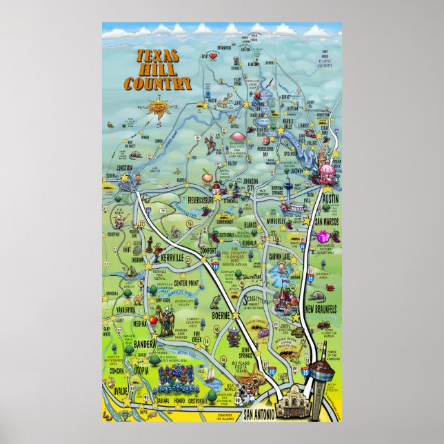 Póster Mapa de Cartoons do Texas Hill Country (Frente)