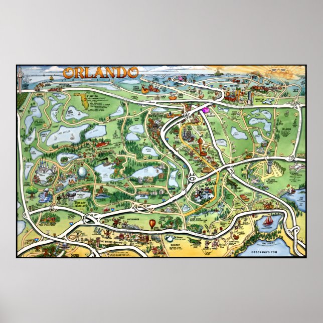 Póster Mapa de Cartoons Orlando Florida (Frente)
