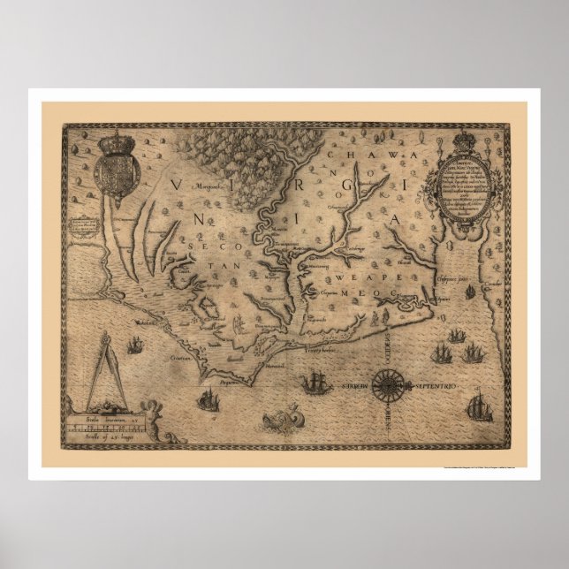 Poster Mapa de Chesapeake Bay Virginia 1590 (Frente)