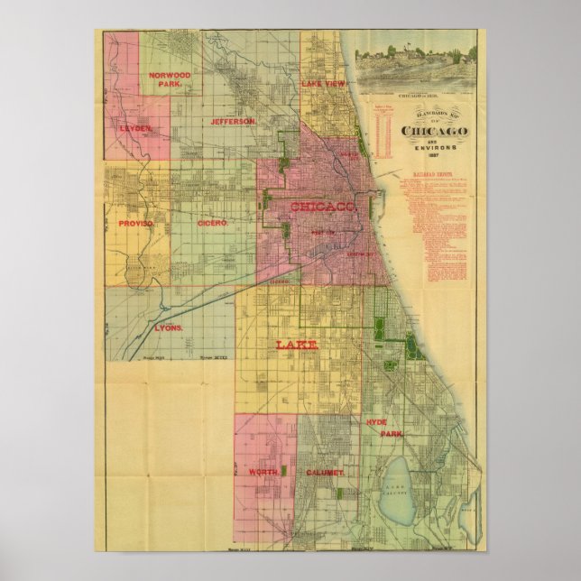 Póster Mapa de Chicago e arredores de Blanchard (Frente)