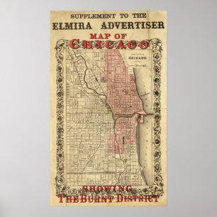 Póster Mapa de Chicago que mostra o distrito queimado