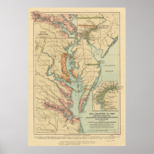Poster Mapa de Colônias de Vintage Virginia e Maryland (