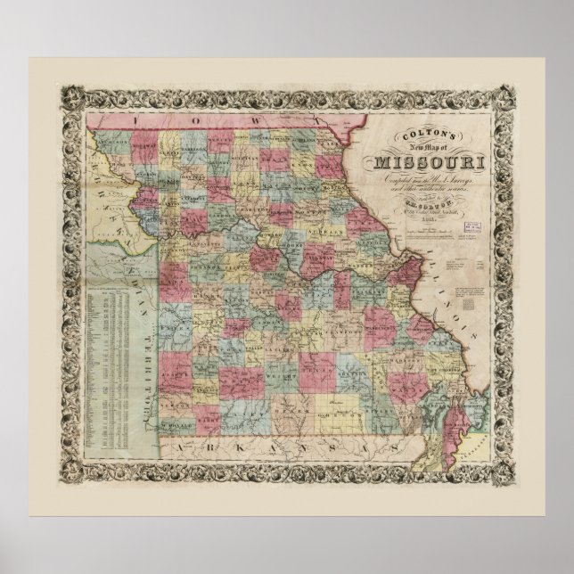 Poster Mapa de Colton do Missouri (1851) (Frente)