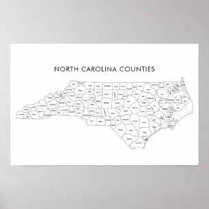Poster Mapa de condados da Carolina do Norte com nomes de