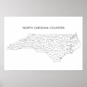 Poster Mapa de condados da Carolina do Norte com nomes de