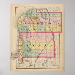 Póster Mapa de condados de Charlevoix e de Antrim,