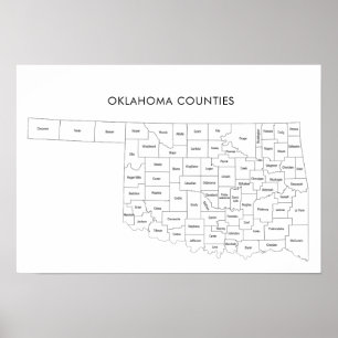 Poster Mapa de condados de Oklahoma com nomes de condados