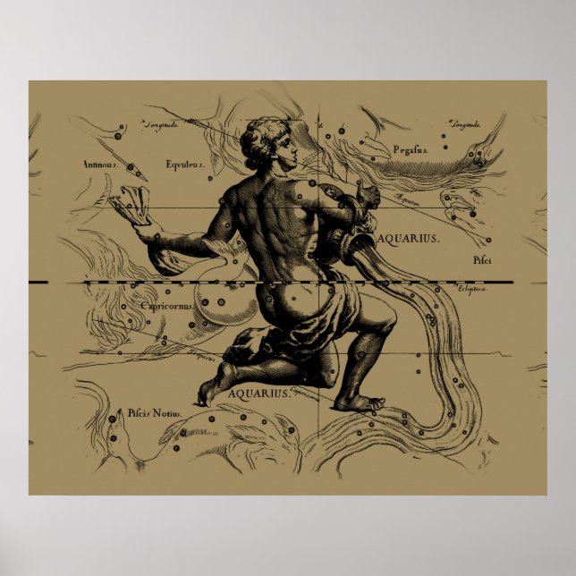 Póster Mapa de Constelação de Aquário Hevelius 1690 em Ta (Frente)