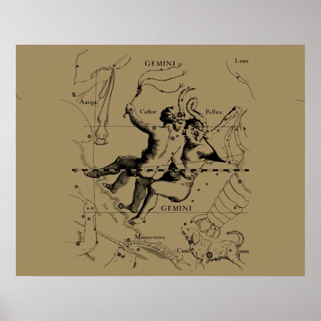 Póster Mapa de Constelação de Gemini Hevelius cerca de 16 (Frente)