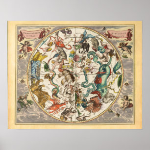 Poster Mapa de Constelação do Zodiac Star Vintage Celesti