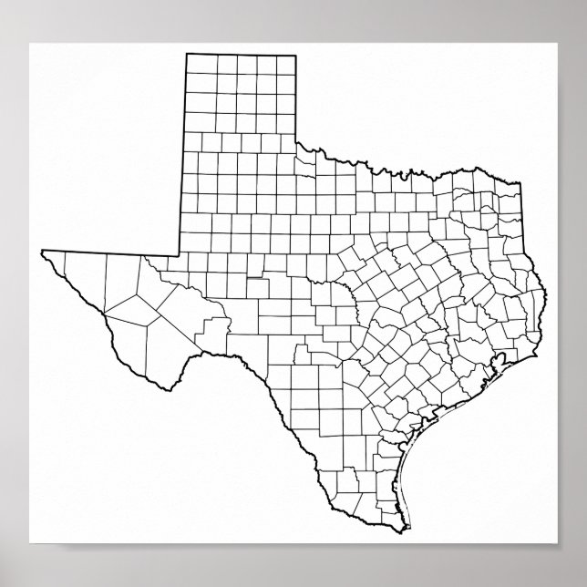 Poster Mapa de Contornos do Vazio de Condados do Texas (Frente)