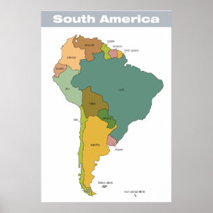 Póster Mapa de cor completa de Ámérica do Sul
