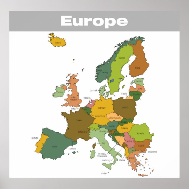 Poster Mapa de cores do cheio da Europa (Frente)