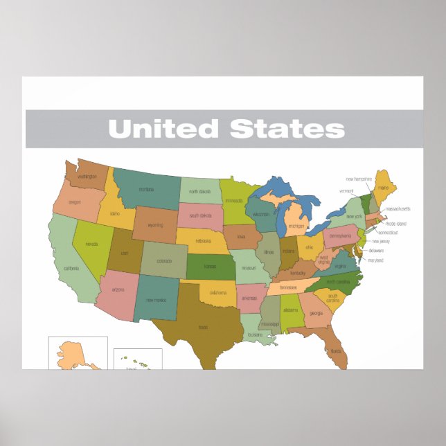 Póster Mapa de cores do cheio dos Estados Unidos (Frente)